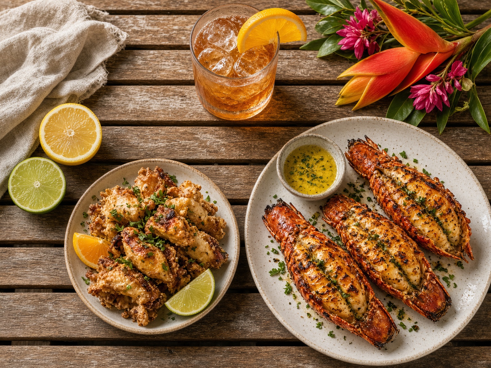 Caribbean seafood and rum cocktails
