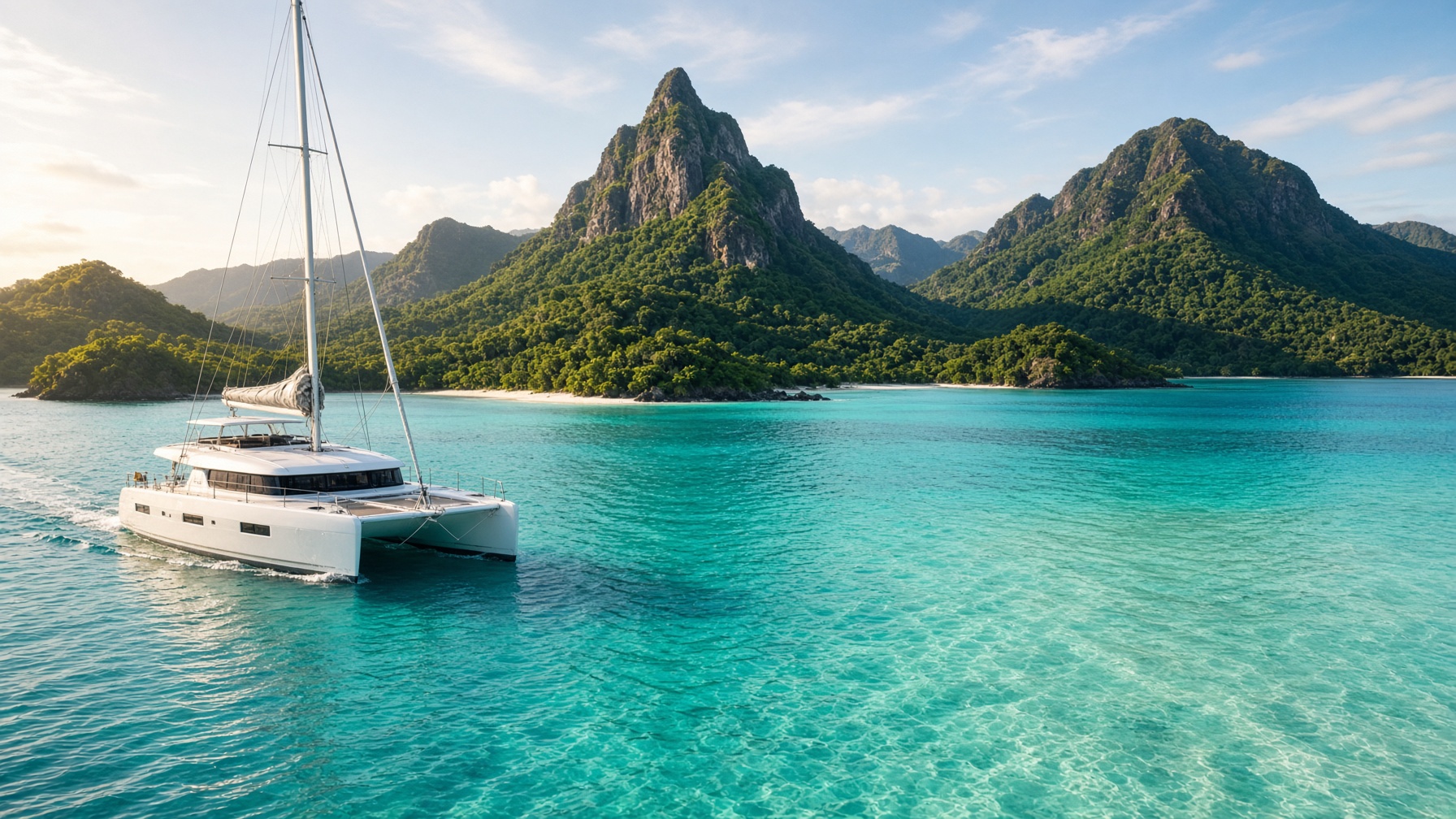 A sailing catamaran on turquoise water among green British Virgin Islands