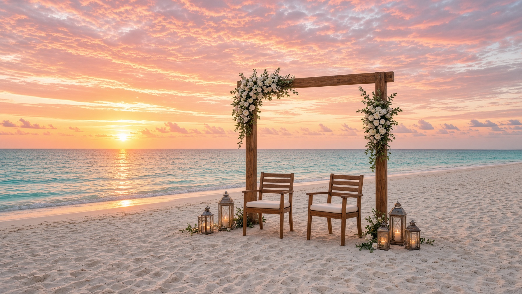 A beach wedding arch at sunset